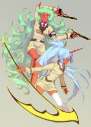 Rule 34 | 10s, 2girls, blue hair, colored skin, double gold lacytanga, double gold spandex, dual wielding, formal, glasses, green eyes, gun, handgun, holding, horns, kneesocks (psg), long hair, mimana, multiple girls, necktie, panty &amp; stocking with garterbelt, ponytail, red skin, scanty (psg), scythe, siblings, simple background, single thighhigh, sisters, suit, thighhighs, weapon, white thighhighs