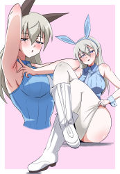 Rule 34 | 1girl, absurdres, animal ears, arm up, armpits, bad id, bad pixiv id, bare shoulders, blue eyes, blush, breasts, eila ilmatar juutilainen, fake animal ears, fox ears, highres, large breasts, long hair, multiple views, pantyhose, pink background, rabbit ears, simple background, strike witches, sweater, white hair, white pantyhose, world witches series