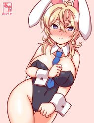Rule 34 | 1girl, animal ears, artist logo, bare legs, between breasts, black leotard, blonde hair, blush, breasts, cleavage, covered navel, detached collar, embarrassed, fake animal ears, gradient background, grey eyes, hair between eyes, kanon (kurogane knights), kantai collection, large breasts, leotard, looking at viewer, medium hair, necktie, necktie between breasts, one-hour drawing challenge, pink background, playboy bunny, rabbit ears, solo, strapless, strapless leotard, tuscaloosa (kancolle), wrist cuffs