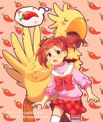 Rule 34 | 1girl, asymmetrical bangs, brown eyes, brown hair, chobi, chocobo, closed eyes, commentary, dav-19, english commentary, english text, final fantasy, final fantasy unlimited, food background, hair bobbles, hair ornament, hayakawa ai, long sleeves, miniskirt, pepper, pink background, plaid, plaid skirt, sailor collar, short hair, signature, skirt, spoken food, square enix, standing, thighhighs, thought bubble, v-shaped eyebrows, watermark, web address, zettai ryouiki