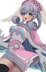 Rule 34 | 1girl, blue eyes, braid, breasts, cape, crown braid, curly hair, dress, gloves, hat, head wings, kamaniki, long hair, long sleeves, looking at viewer, medium breasts, melia antiqua, o-ring, puffy sleeves, short dress, simple background, smile, solo, thighhighs, upper body, wings, xenoblade chronicles (series), xenoblade chronicles 1
