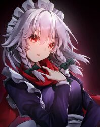 Rule 34 | 1girl, black background, bow, braid, commentary request, grey hair, hair bow, highres, izayoi sakuya, long sleeves, maid, maid headdress, mizudori (msarasoju), open mouth, red bow, red eyes, red scarf, scarf, short hair, side braids, solo, touhou, twin braids, upper body