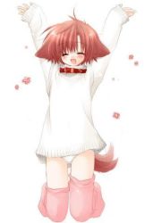Rule 34 | 1girl, animal ears, arms up, bow legwear, dog ears, dog tail, closed eyes, game cg, hinata (pure pure), kneeling, lowres, outstretched arms, panties, pink thighhighs, pure pure, sakurazawa izumi, solo, tail, tail wagging, thighhighs, underwear, white panties