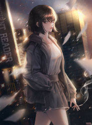 Rule 34 | absurdres, artist name, bandaid, bandaid on neck, black eyes, black hair, blurry, blurry foreground, cigarette, cityscape, commentary, cowboy shot, english commentary, from side, gauze, han sooyoung, hand in pocket, highres, holding, holding cigarette, hood, hoodie, lips, long sleeves, looking at viewer, mole, mole under eye, omniscient reader&#039;s viewpoint, open clothes, open hoodie, pages, shirt tucked in, short hair, sideways glance, smile, smoke, yabin