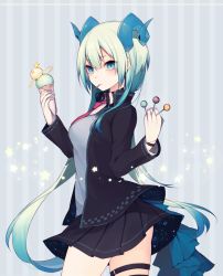 Rule 34 | 1girl, aqua hair, blue eyes, breasts, candy, food, gloves, highres, holding, holding food, horns, ice cream, ice cream cone, jacket, lollipop, long hair, looking at viewer, muryotaro, necktie, original, pleated skirt, red necktie, simple background, skirt, solo, star (symbol)