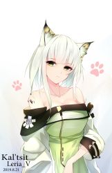 Rule 34 | 1girl, animal ear fluff, animal ears, arknights, artist name, bare shoulders, blue background, breasts, cat ears, character name, cleavage, closed mouth, coat, collarbone, commentary, cowboy shot, dated, dress, expressionless, gradient background, green dress, green eyes, highres, kal&#039;tsit (arknights), large breasts, leria v, looking at viewer, material growth, medium hair, off-shoulder dress, off shoulder, oripathy lesion (arknights), paw print, sidelocks, silver hair, simple background, solo, straight hair, white background, white coat