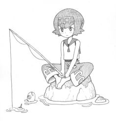Rule 34 | 1girl, bare arms, bare shoulders, barefoot, bright pupils, closed mouth, creatures (company), facing viewer, feet, feet together, fish, fishing, fishing rod, flat chest, flipped hair, full body, game freak, gen 7 pokemon, greyscale, hair between eyes, hairband, half-closed eyes, holding, holding fishing rod, indian style, knees apart feet together, lana (pokemon), looking away, looking down, monochrome, moss, nintendo, nutkingcall, one-piece swimsuit, pants, pokemon, pokemon (creature), pokemon sm, ribbon-trimmed clothes, ribbon trim, rock, sailor collar, shirt, short hair, simple background, sitting, sleeveless, sleeveless shirt, smile, solo, spread legs, swimsuit, swimsuit under clothes, tareme, toenails, toes, trial captain, v arms, water, wavy eyes, white background, wishiwashi, wishiwashi (solo)