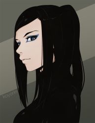 Rule 34 | 1girl, artist name, black hair, blue eyes, close-up, closed mouth, ergo proxy, eyeshadow, grey background, ilya kuvshinov (style), koyorin, lips, long hair, looking at viewer, makeup, profile, re-l mayer, simple background, solo, two-tone background