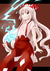 Rule 34 | 1girl, abe ranzu, bad id, bow, colored eyelashes, fire, fujiwara no mokou, hair bow, long hair, ofuda, red eyes, solo, suspenders, torn clothes, touhou, urban legend in limbo, very long hair, colored eyelashes, white hair