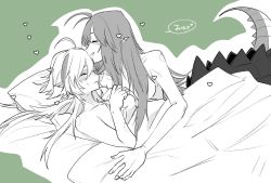 Rule 34 | 2girls, ahoge, arknights, ban syou, bite mark, blanket, blush, breasts, closed mouth, completely nude, crocodilian tail, gavial (arknights), green background, greyscale with colored background, hair over one eye, hands on own chest, heart, hickey, highres, long hair, medium breasts, multiple girls, nude, parted lips, pointy ears, smile, speech bubble, tail, tomimi (arknights), translation request, under covers, very long hair, yuri