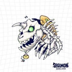 Rule 34 | digimon, digimon (creature), fangs, green eyes, highres, horns, missile, skeleton, skullgreymon, tail