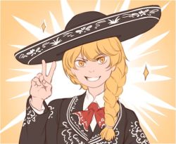 Rule 34 | 1girl, alternate costume, black hat, black jacket, blonde hair, bow, bowtie, braid, collared shirt, grin, hat, jacket, kirisame marisa, long hair, long sleeves, looking at viewer, mefomefo, red bow, red bowtie, shirt, single braid, smile, solo, sombrero, sparkle, touhou, upper body, v, white shirt, yellow background, yellow eyes