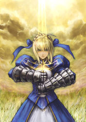 Rule 34 | 00s, ahoge, armor, artoria pendragon (all), artoria pendragon (fate), blonde hair, cloud, fate/stay night, fate (series), field, green eyes, masankaku, ribbon, saber (fate), sky, solo, sword, weapon