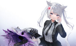 Rule 34 | 1girl, animal ears, black jacket, black necktie, black skirt, book, breasts, cat ears, cat girl, cat tail, collared shirt, commentary request, final fantasy, final fantasy xiv, flower, frilled sleeves, frills, grey eyes, grey hair, grey shirt, hair flower, hair ornament, hand up, holding, holding book, jacket, kanora, long sleeves, looking at viewer, medium breasts, miqo&#039;te, necktie, open book, open clothes, open jacket, pink flower, shirt, skirt, solo, tail, thank you, twintails, white background