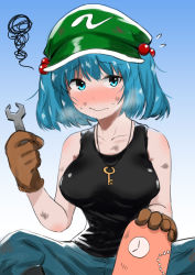 Rule 34 | 1girl, blue background, gradient background, green hat, hat, highres, kawashiro nitori, sen (daydream 53), simple background, solo, tagme, touhou, wavy mouth