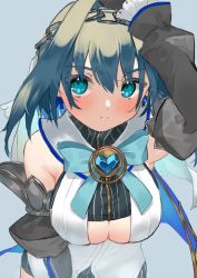 Rule 34 | 1girl, blue background, blue bow, blue eyes, blue hair, blush, bow, breasts, chain, chain headband, cleavage, cleavage cutout, clothing cutout, detached sleeves, hair intakes, head chain, hololive, hololive english, jewelry, large breasts, looking at viewer, ouro kronii, ouro kronii (1st costume), short hair, simple background, solo, takeno omoti, virtual youtuber