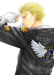 Rule 34 | 1boy, bandages, bandana, biker clothes, blonde hair, blue eyes, clenched hands, clothes writing, from behind, jacket, jacky bryant, kama neko, leather, leather jacket, lips, looking back, male focus, solo, spiked hair, upper body, virtua fighter