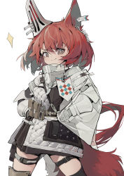 Rule 34 | 1girl, :&gt;, absurdres, animal ears, arknights, armor, black thighhighs, blush, brown eyes, cowboy shot, ear ornament, earpiece, flametail (arknights), highres, jacket, long sleeves, medium hair, pouch, red hair, simple background, solo, sparkle, squirrel ears, squirrel girl, squirrel tail, tail, thigh strap, thighhighs, white background, white jacket