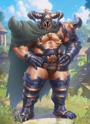 Rule 34 | 1boy, 6suan, abs, armor, armored boots, bara, bare pectorals, boots, brown male underwear, bulge, chest belt, cloud, dark-skinned male, dark skin, day, draph, full body, gauntlets, granblue fantasy, grass, greaves, helmet, highres, horns, large pectorals, male focus, male underwear, muscular, muscular male, outdoors, pauldrons, pectorals, shoulder armor, sky, solo, standing, subtitled, thick thighs, thighs, underwear, vaseraga