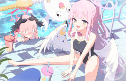 Rule 34 | &lt;|&gt; &lt;|&gt;, 2girls, :d, alternate hairstyle, angel wings, bad id, bad twitter id, bare legs, bare shoulders, black one-piece swimsuit, black wings, blue archive, blurry, blush, breasts, collarbone, competition swimsuit, crescent moon, cup, depth of field, dot nose, eyewear hang, feathered wings, gradient halo, halo, head wings, highres, kaerunrun, koharu (blue archive), light blush, long hair, looking at viewer, low wings, medium breasts, mika (blue archive), moon, multicolored clothes, multicolored halo, multicolored swimsuit, multiple girls, nail, one-piece swimsuit, open mouth, peroro (blue archive), plant, ponytail, pool, pool ladder, poolside, purple halo, red halo, school swimsuit, sidelocks, sitting, smile, snail print, spread legs, stuffed animal, stuffed toy, swimsuit, trinity general school swimsuit, twintails, unworn eyewear, very long hair, water, wet, wings, yellow eyes