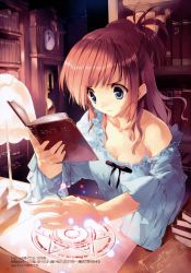 Rule 34 | 1girl, armpits, blue eyes, book, breasts, brown hair, cleavage, hexagram, highres, long hair, magic, magic circle, off shoulder, open book, reading, solo, ueda ryou