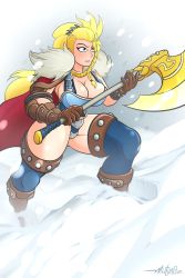 Rule 34 | 1girl, absurdres, armor, axe, bikini armor, blizzard, blonde hair, blue eyes, breasts, cleavage, curvy, highres, large breasts, long hair, mutanobr, parted lips, solo, standing, thick thighs, thighhighs, thighs, weapon