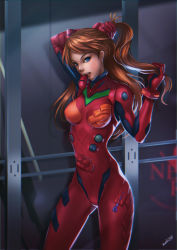 Rule 34 | 1girl, adjusting hair, arm up, blue eyes, bodysuit, breasts, cowboy shot, duct tape, from side, hair ornament, indoors, legs apart, long hair, looking at viewer, mashi2311, mouth hold, narrow waist, neon genesis evangelion, nerv, open mouth, orange hair, pilot suit, plugsuit, rebuild of evangelion, signature, skin tight, solo, souryuu asuka langley, standing, swept bangs, turtleneck, two side up, tying hair