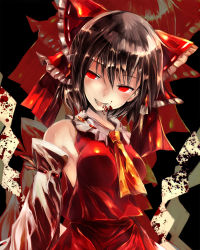 Rule 34 | 1girl, ascot, bad id, bad nicoseiga id, bare shoulders, black background, blood, blush, bow, breasts, brown hair, detached sleeves, hair bow, hair ribbon, hair tubes, hakurei reimu, head tilt, kuro kichi, on floor, open mouth, red eyes, ribbon, shide, sidelocks, slit pupils, solo, standing, tongue, tongue out, touhou, upper body, vampire
