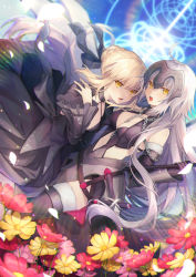 Rule 34 | 2girls, armor, armored dress, artoria pendragon (all), artoria pendragon (fate), black dress, blonde hair, blurry, chain, commentary request, coyucom, depth of field, dress, fate/grand order, fate (series), field, flower, flower field, fur trim, gauntlets, headpiece, highres, jeanne d&#039;arc (fate), jeanne d&#039;arc alter (avenger) (fate), jeanne d&#039;arc alter (avenger) (third ascension) (fate), jeanne d&#039;arc alter (fate), long hair, looking at viewer, multiple girls, open mouth, rainbow, saber alter, short hair, thighhighs, yellow eyes, zettai ryouiki
