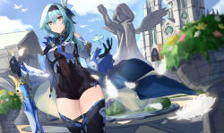 Rule 34 | 1girl, absurdres, bird, black gloves, black hairband, blue cape, blue gloves, blue hair, blue necktie, blue sky, boots, breasts, cape, chest harness, church, clothing cutout, cloud, cowboy shot, dutch angle, eula (genshin impact), falling feathers, feathers, genshin impact, gloves, goma 74umai, greatsword, hair between eyes, hair ornament, hairband, hands up, harness, high-waist shorts, highres, holding, holding sword, holding weapon, juliet sleeves, light smile, long sleeves, looking ahead, medium breasts, medium hair, necktie, object floating above hand, outdoors, puffy sleeves, shorts, shoulder cutout, sky, solo, song of broken pines (genshin impact), statue, sword, thigh boots, thighs, vision (genshin impact), weapon, white bird, wide sleeves, yellow eyes