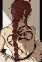 Rule 34 | 1boy, aaron wei, ahoge, back tattoo, bare back, bare shoulders, black robe, braid, chinese commentary, closed mouth, commentary request, dragon tattoo, eiyuu densetsu, expressionless, freeze rin, fur-trimmed robe, fur trim, highres, kuro no kiseki, long hair, male focus, outline, outside border, pillarboxed, red hair, robe, robe partially removed, shoulder blades, shoulder tattoo, signature, simple background, single braid, solo, tattoo, toned, toned male, upper body, very long hair, white background, white outline