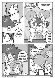 Rule 34 | 1boy, 2girls, barefoot, brother and sister, closed eyes, commentary request, couple, digimon, english text, facing another, forehead-to-forehead, from side, garabato, greyscale, hand in another&#039;s hair, hand on another&#039;s chin, hands on another&#039;s face, heads together, highres, imminent kiss, incest, monochrome, multiple girls, noses touching, open mouth, short hair, siblings, sisters, smile, standing, teenage boy and younger girl, teeth, twins, yagami hikari, yagami taichi