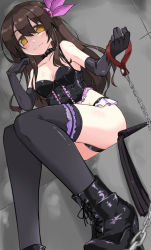 Rule 34 | 10s, 1girl, ankle boots, black gloves, black panties, black thighhighs, bondage outfit, boots, breasts, brown hair, bustier, chain, chain leash, collar, cross-laced footwear, dominatrix, elbow gloves, femdom, gin (shioyude), gloves, gradient background, heart, heart-shaped pupils, high heel boots, high heels, kantai collection, kisaragi (kancolle), lace-up boots, leash, lingerie, long hair, looking at viewer, panties, pov, sitting, small breasts, solo, symbol-shaped pupils, thighhighs, underwear, viewer on leash, whip, yellow eyes