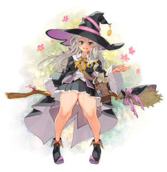 Rule 34 | 1girl, black cloak, black footwear, black hat, blue eyes, blush, boots, broom, brown bag, cloak, collared shirt, commentary request, elaina (majo no tabitabi), full body, hair between eyes, hat, holding, holding broom, long hair, long sleeves, looking at viewer, majo no tabitabi, open mouth, print cape, ribbon, robe, ryoji (nomura ryouji), shirt, silver hair, skirt, smile, solo, thick thighs, thighhighs, thighs, white shirt, witch, witch hat