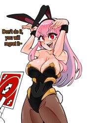 Rule 34 | 1girl, :d, absurdres, animal ears, black pantyhose, breasts, highres, hololive, hololive english, koizumi arata, large breasts, leotard, looking at viewer, mori calliope, open mouth, pantyhose, pink hair, playboy bunny, rabbit ears, rabbit pose, rabbit tail, red eyes, simple background, smile, tail, uno (game), virtual youtuber, wrist cuffs