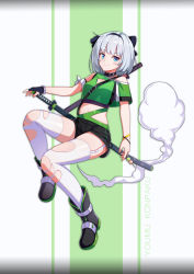 Rule 34 | 1girl, absurdres, alternate costume, bare shoulders, between breasts, black footwear, black gloves, black hairband, black ribbon, black shorts, blue eyes, blunt bangs, blush, bob cut, boots, bracelet, breasts, buckle, casual, character name, closed mouth, collar, crop top, dango, facial mark, fingerless gloves, food, full body, full moon, garter straps, ghost, gloves, hair ribbon, hairband, highres, holding, holding food, jewelry, katana, knee boots, konpaku youmu, konpaku youmu (ghost), looking at viewer, midriff, mo ying yu, moon, navel, off shoulder, ribbon, sheath, sheathed, short hair, short shorts, short sleeves, shorts, silver hair, single glove, small breasts, smile, solo, strap between breasts, sword, thighhighs, torn clothes, torn thighhighs, touhou, two-tone background, wagashi, weapon, weapon on back, white thighhighs