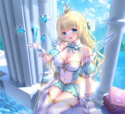 Rule 34 | 1girl, :d, blonde hair, blue eyes, blue skirt, blue wings, book, book stack, braid, breasts, bug, butterfly, castle, cleavage, commentary request, covered navel, crown, crystal, fairy wings, gloves, highres, insect, long hair, medium breasts, mini crown, open mouth, original, pleated skirt, pointy ears, shirt, skirt, smile, solo, thighhighs, tower, transparent wings, very long hair, white gloves, white shirt, white thighhighs, wings, yuyuko (yuyucocco)