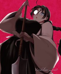 Rule 34 | 1girl, black hair, black kimono, bleach, bleach: sennen kessen-hen, blue eyes, braid, breasts, expressionless, food-act, glasses, hair between eyes, haori, highres, holding, holding polearm, holding weapon, japanese clothes, katori batsuunsai, kimono, large breasts, long hair, looking at viewer, looking down, naginata, open clothes, open mouth, polearm, red background, rimless eyewear, sash, single braid, solo, watermark, weapon, white sash, wide sleeves