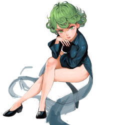 Rule 34 | 1girl, black dress, breasts, conto, crossed legs, curly hair, dress, from above, green eyes, green hair, hand on own cheek, hand on own face, high heels, looking at viewer, one-punch man, petite, psychic, short hair, side slit, simple background, small breasts, tatsumaki, white background