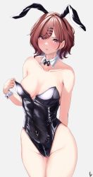 Rule 34 | 1girl, animal ears, arm behind back, black bow, black bowtie, black leotard, blush, bow, bowtie, breasts, breasts apart, brown hair, collarbone, covered navel, detached collar, endo yohane, fake animal ears, frown, groin, highres, higuchi madoka, idolmaster, idolmaster shiny colors, leotard, leotard tug, looking at viewer, medium breasts, mole, mole under eye, rabbit ears, red eyes, simple background, solo, wrist cuffs