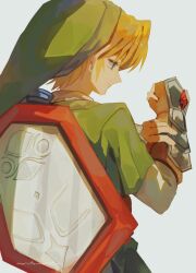 Rule 34 | 1boy, artist name, blonde hair, brown gloves, clenched hand, earrings, fingerless gloves, from behind, gloves, green headwear, green tunic, hand on own wrist, highres, jewelry, link, male focus, maruta maruta, nintendo, profile, shield, shield on back, shirt, short hair, solo, the legend of zelda, the legend of zelda: ocarina of time, upper body, vambraces, white background, white shirt