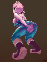 Rule 34 | 10s, 1girl, 8-tomb, anus, ashido mina, ass, black sclera, bodysuit, boku no hero academia, boots, breasts, colored sclera, colored skin, from behind, fur trim, highres, horns, nipples, pink hair, pink skin, pussy, short hair, solo, spread anus, squatting, torn bodysuit, torn clothes, uncensored, vest, yellow eyes