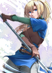 Rule 34 | 1girl, armor, belt, blonde hair, blue dress, blue eyes, brown belt, brown gloves, commentary request, cowboy shot, delsaber, dress, gloves, grey pants, highres, holding, holding polearm, holding weapon, leather armor, long hair, long sleeves, microdress, pants, polearm, short sleeves, solo, spear, standing, weapon