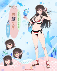 Rule 34 | 1girl, absurdres, akagi (kancolle), anchor, bikini, black hair, breasts, brown eyes, cleavage, expressions, full body, glass, head only, highres, holding, kantai collection, large breasts, long hair, one eye closed, parody, sandals, side-tie bikini bottom, solo, standing, striped bikini, striped clothes, swimsuit, toeless footwear, yuuhi (yuyuhihi)