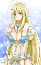 Rule 34 | 1girl, antenna hair, blonde hair, blue eyes, breasts, cleavage, closed mouth, core crystal (xenoblade), dated, detached sleeves, dress, highres, hisin, large breasts, long hair, looking at viewer, pelvic curtain, signature, smile, solo, very long hair, vess (xenoblade), white dress, white sleeves, xenoblade chronicles (series), xenoblade chronicles 2