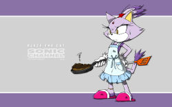 Rule 34 | apron, blaze the cat, burnt, cat, cooking, frying pan, highres, official art, official wallpaper, sega, slippers, sonic (series), spatula, tagme