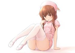 Rule 34 | 10s, 1girl, alternate costume, arm support, ass, brown eyes, brown hair, digital thermometer, folded ponytail, hat, inazuma (kancolle), kantai collection, long hair, looking at viewer, nurse, nurse cap, open mouth, panties, pantyshot, short sleeves, sidelocks, sitting, solo, thermometer, thighhighs, thighs, tongue, tongue out, underwear, wamu (chartreuse), white thighhighs