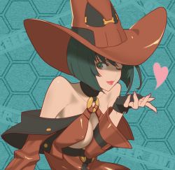 Rule 34 | 1girl, bad id, bad pixiv id, bare shoulders, black gloves, black hair, blowing kiss, breasts, cleavage, cleavage cutout, clothing cutout, fingerless gloves, fingernails, gloves, green eyes, green hair, guilty gear, hat, heart, honeycomb (pattern), honeycomb background, honeycomb pattern, i-no, large breasts, lips, long fingernails, looking at viewer, matching hair/eyes, mole, nail polish, one eye closed, pink nails, red hat, short hair, solo, souma kira, witch hat