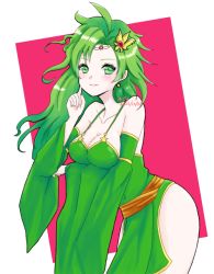 Rule 34 | 1girl, aged up, breasts, cleavage, closed mouth, detached sleeves, earrings, final fantasy, final fantasy iv, green eyes, green hair, hair ornament, jewelry, large breasts, long hair, looking at viewer, rydia (ff4), smile, solo, star (symbol), star earrings