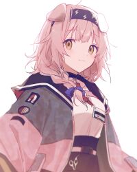 Rule 34 | 1girl, animal ears, arknights, black hairband, black skirt, blue bow, bow, braid, breasts, brown eyes, cat ears, closed mouth, commentary request, goldenglow (arknights), hair bow, hair over shoulder, hairband, highres, jacket, lightning bolt print, long hair, long sleeves, looking at viewer, medium breasts, odjikasu, one-hour drawing challenge, open clothes, open jacket, pink hair, pink jacket, print hairband, puffy long sleeves, puffy sleeves, shirt, simple background, single braid, skirt, smile, solo, upper body, white background, white shirt